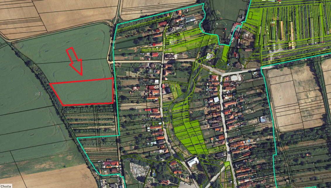 Real aerial view of the Vinice Choča building plot location